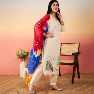 Ethnic Motifs Printed Pure Cotton Straight Kurta With Salwar & Dupatta