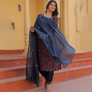 Floral Printed Thread Work Pure Cotton Kurta with Salwar & Dupatta