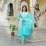 Geometric Printed Pure Cotton Straight Kurta With Salwar And Dupatta