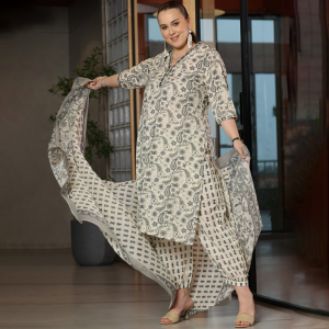 Plus Size Floral Printed Pure Cotton Straight Kurta & Salwar & Dupatta