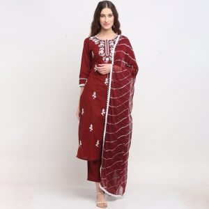 Floral Embroidered Pure Cotton Straight Kurta with Trousers & Dupatta