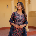 Floral Printed Thread Work Pure Cotton Kurta with Salwar & Dupatta