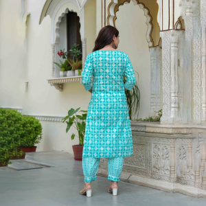 Geometric Printed Pure Cotton Straight Kurta With Salwar And Dupatta