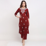 Floral Embroidered Pure Cotton Straight Kurta with Trousers & Dupatta